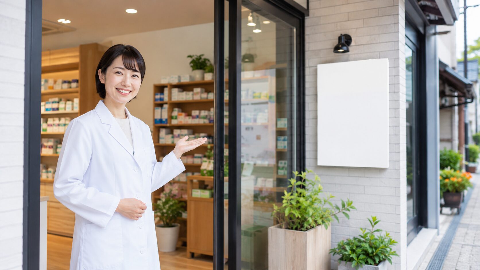 地域の薬局で薬剤師が相談を案内している様子