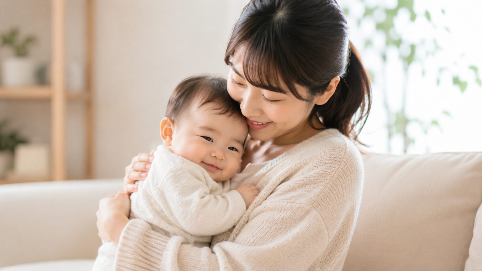 授乳中の薬の使い方に不安を感じる母親が赤ちゃんを優しく抱きしめる様子