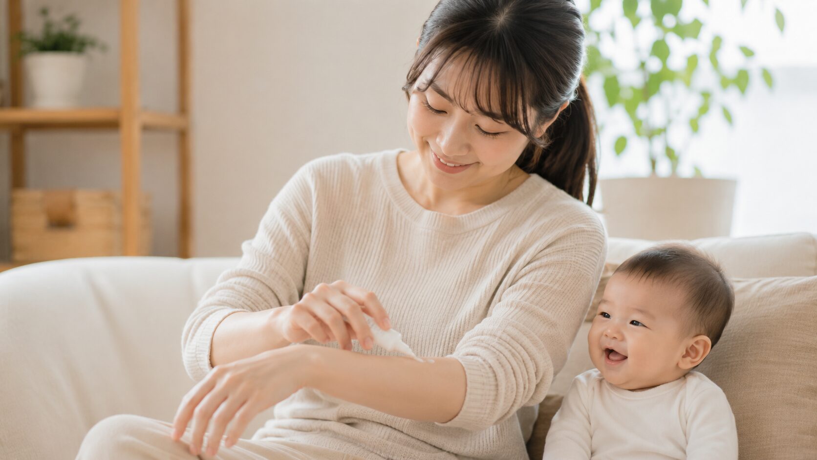 授乳中の母親が赤ちゃんをそばに見守りながら肌に外用薬を使う様子