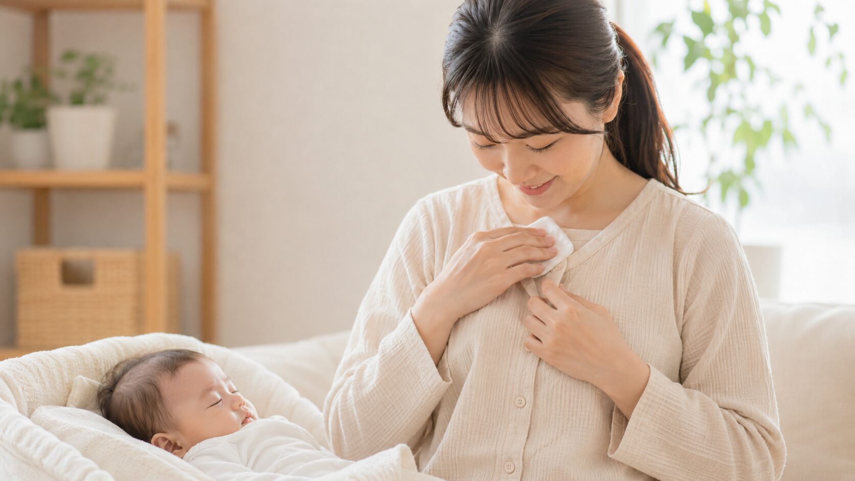授乳前に清潔なガーゼで乳房まわりをやさしく拭き取る母親と眠る赤ちゃん