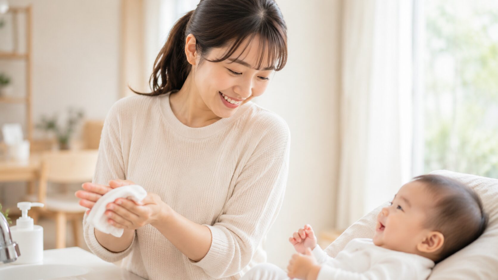 赤ちゃんに触れる前に手を清潔に整える授乳中の母親