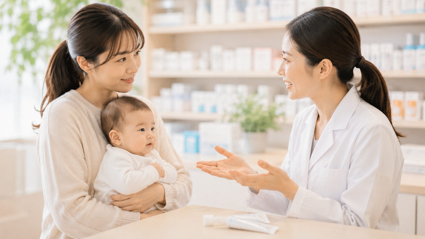 薬局で薬剤師にステロイド軟膏の使い方を相談する母親と赤ちゃん