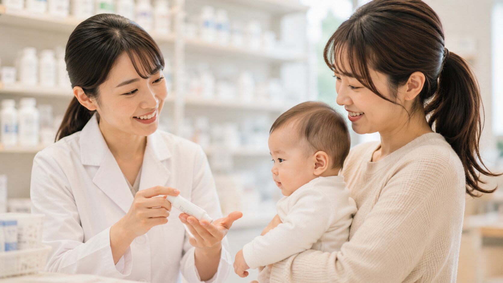 薬剤師が軟膏チューブを示しながら授乳中の薬の注意点を説明する様子