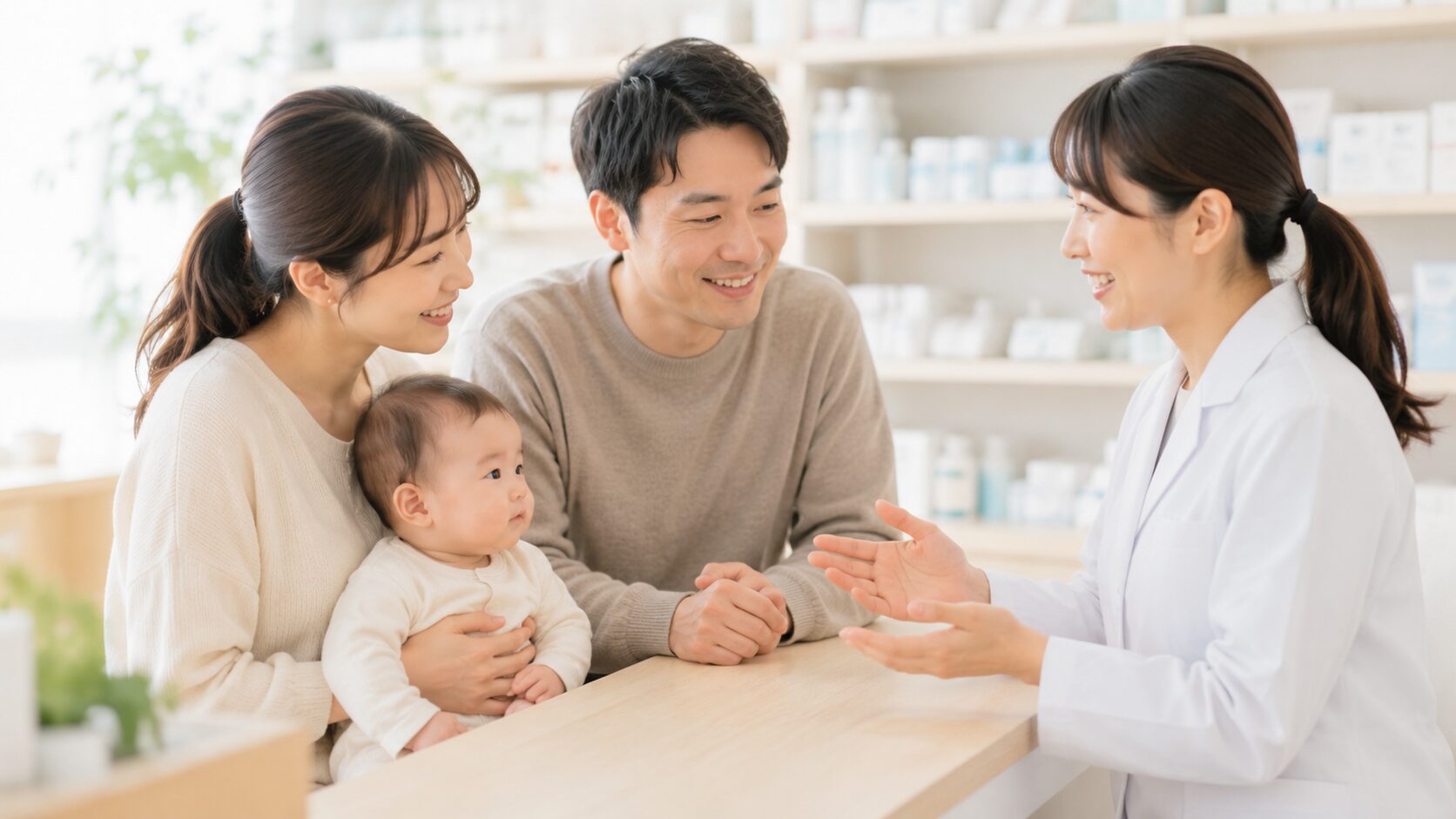 授乳中の薬の使い方について家族で薬剤師に相談する様子