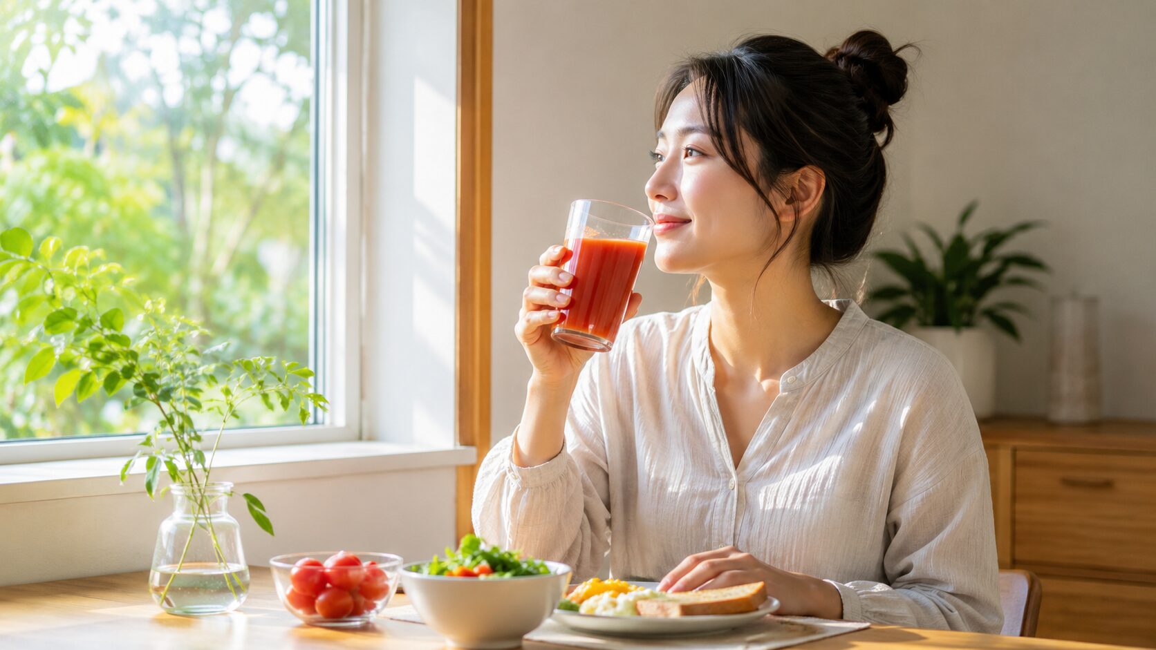 朝食と一緒にトマトジュースを飲む女性の便秘対策習慣