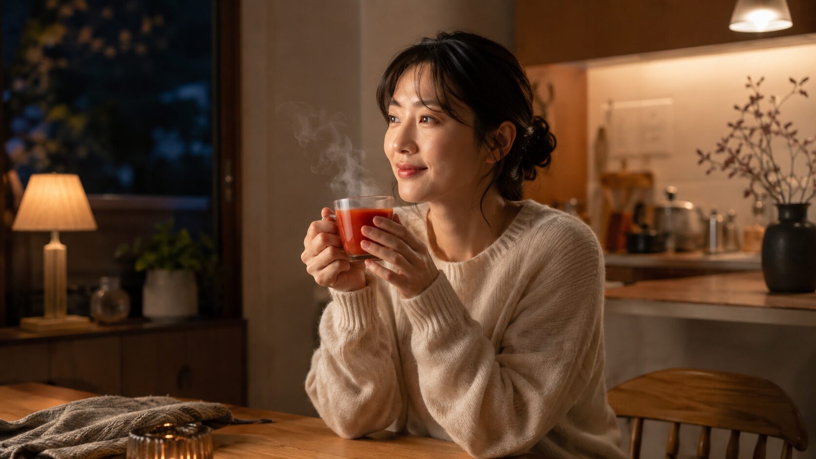 夜のリラックスタイムに温かいトマトジュースを飲む女性
