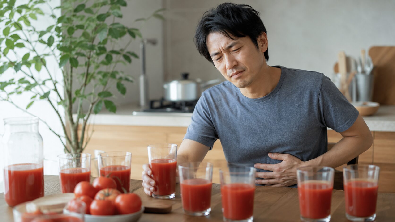 トマトジュースの飲みすぎでお腹の不調を感じる男性