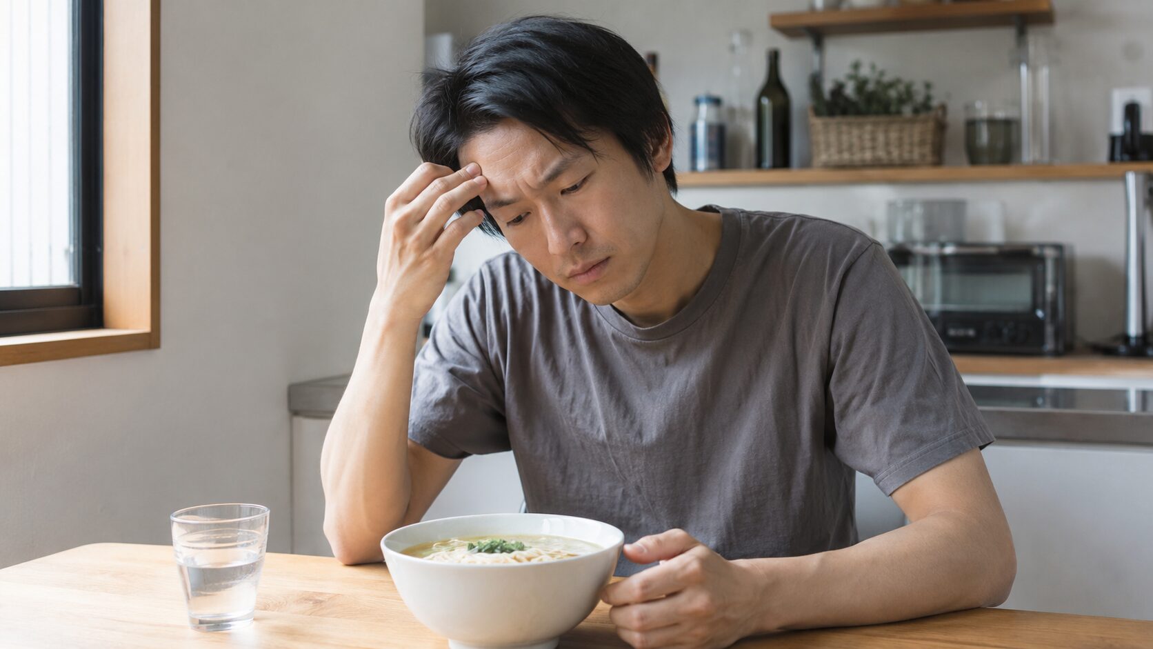 二日酔いの朝に体調を確認しながら軽いラーメンを前にする日本人男性