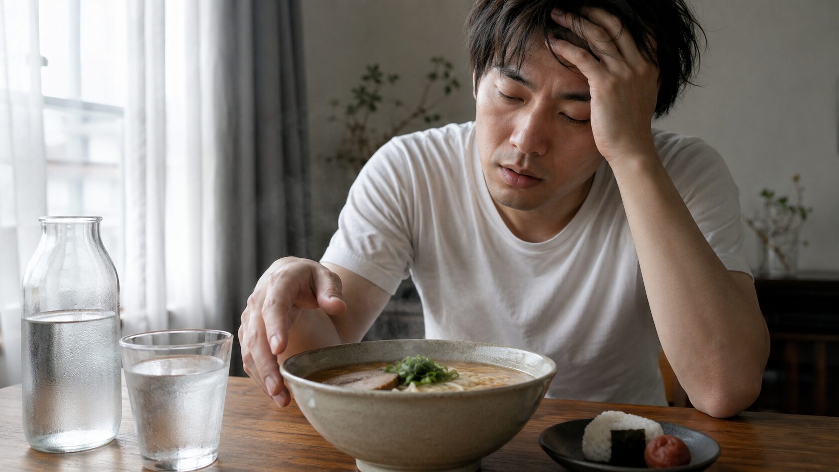 二日酔いで水分と糖質を欲しながらラーメンに手を伸ばす日本人男性