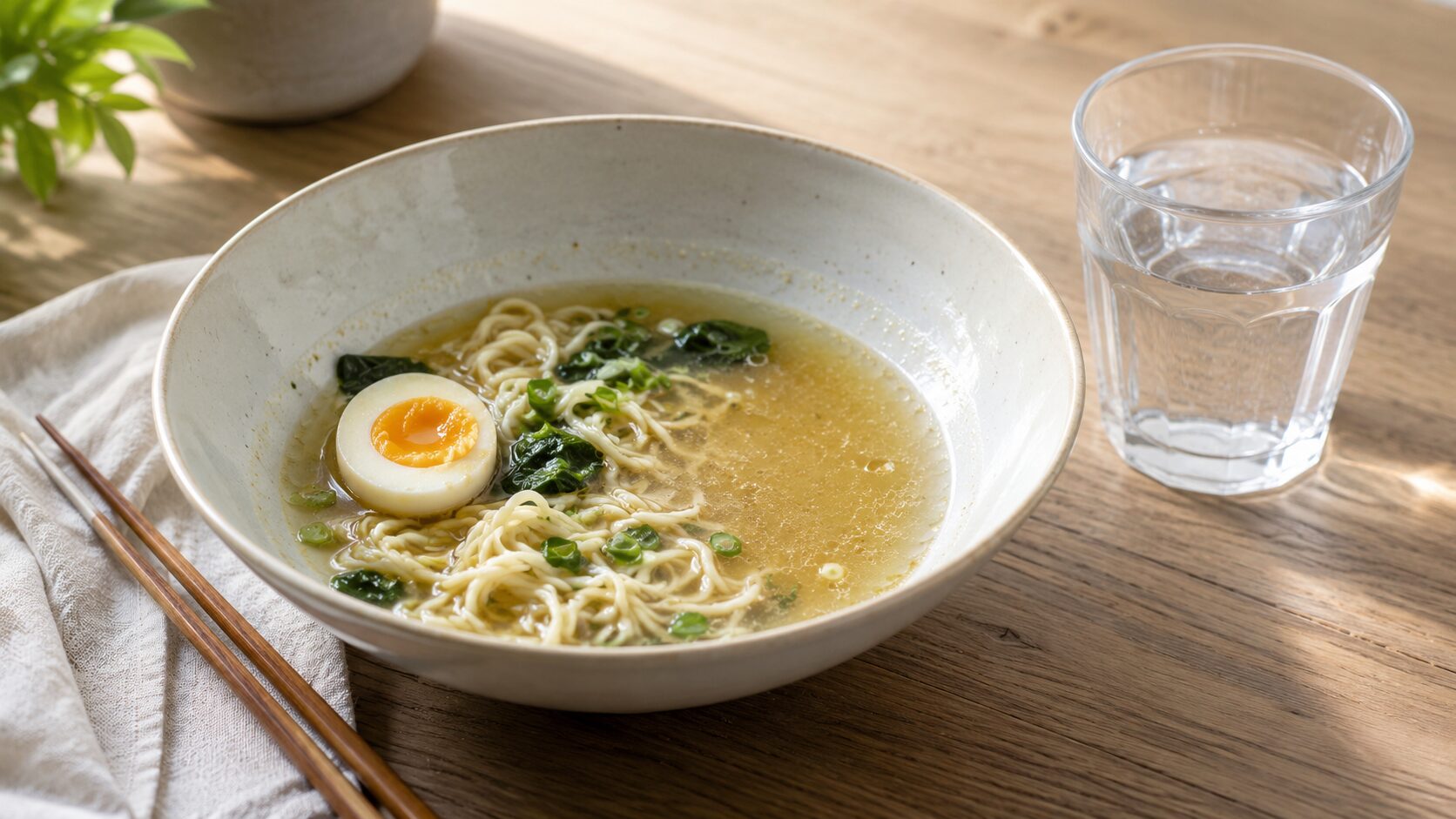 二日酔い対策としてラーメンの汁を残し水を添えた食卓