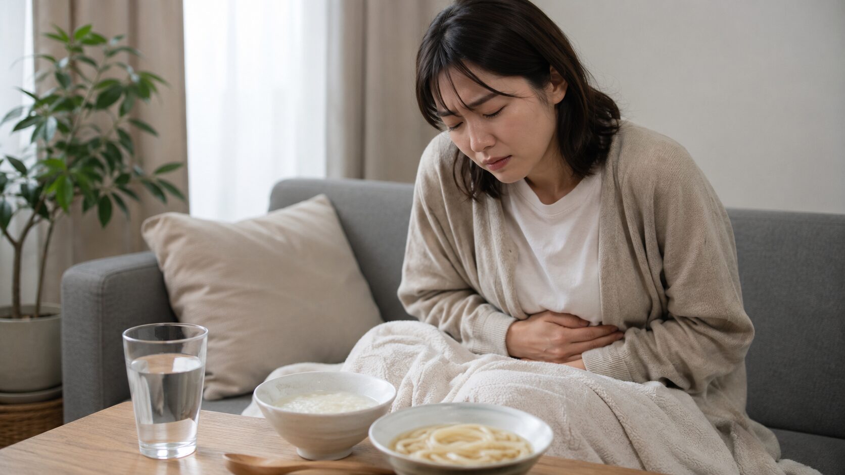 吐き気がある日に胃を休めるため水とおかゆを前にする日本人女性