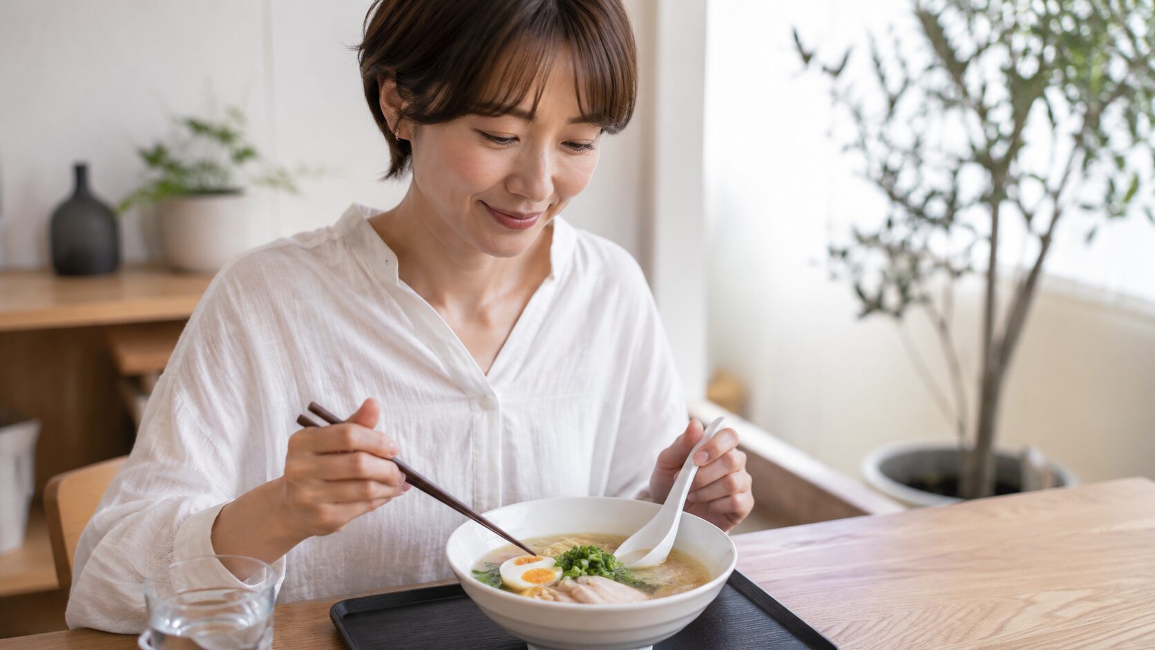 二日酔い翌日の昼にあっさりした塩ラーメンを少量食べる日本人女性