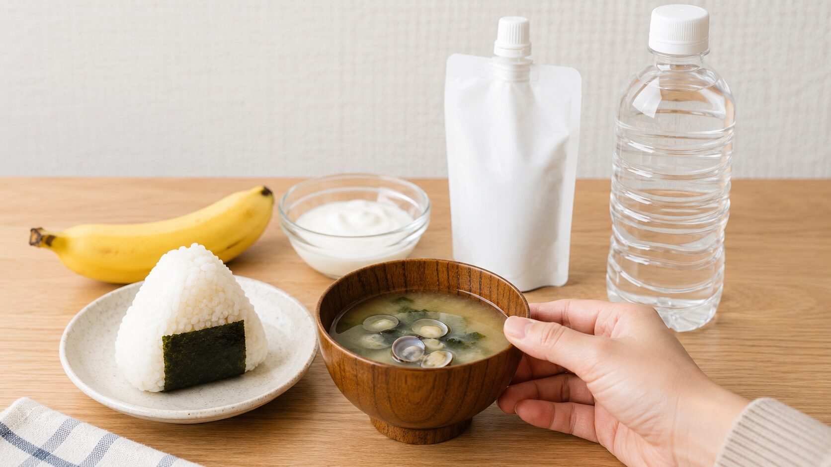 二日酔いの日に選びたいしじみ味噌汁とおにぎりや水などの軽い食事
