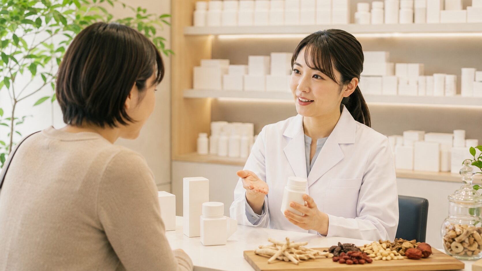 二日酔いの薬や漢方について薬剤師に相談する日本人女性