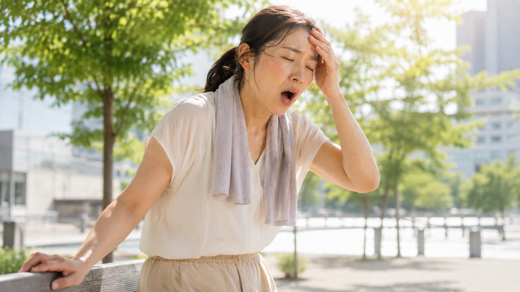 夏の屋外で立ちくらみとあくびが出てベンチに手をつく日本人女性