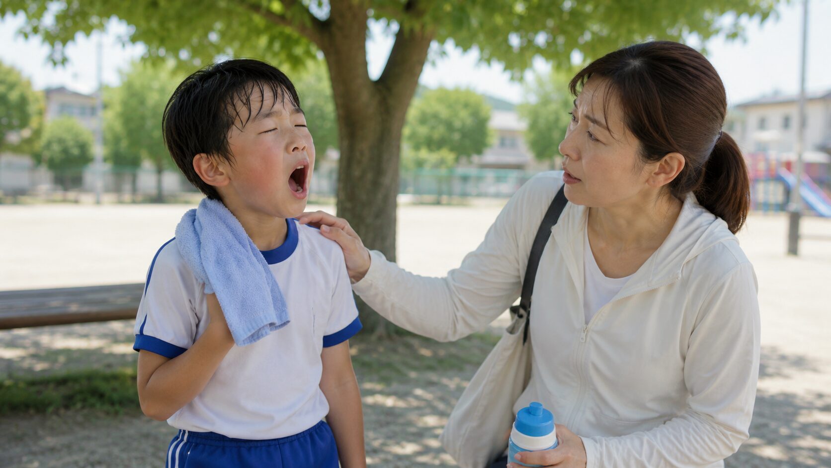 暑い公園であくびをする子供の体調変化に気づく日本人の保護者