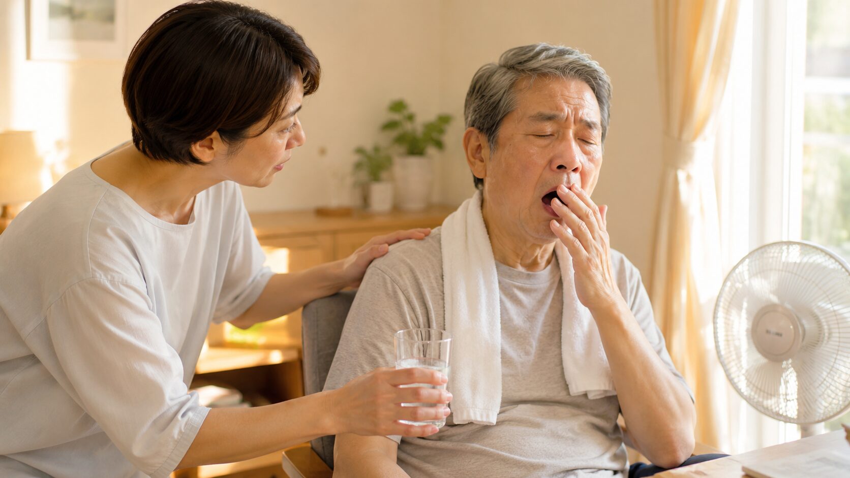 暑い室内であくびをする高齢男性に水を差し出す日本人家族