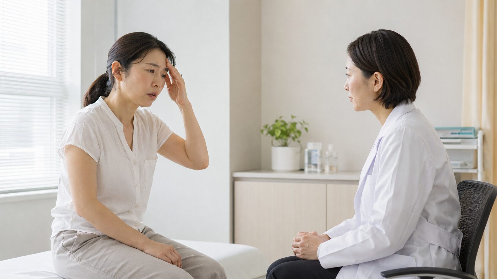 熱中症後のだるさや頭痛について内科で相談する日本人女性